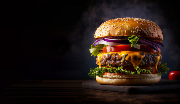 Tantalizing Gourmet Cheeseburger with Fresh Ingredients and Juicy Beef Patty