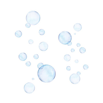Watercolor drawn set of wide streams of bubbles rising up on white background. Transparent realistic picture for illustration, stickers, logo, textile printing, pattern, rapport
