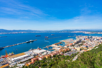 Fototapeta na wymiar View of Gibraltar town and Spain across Gibraltar Bay from the Upper Rock. UK