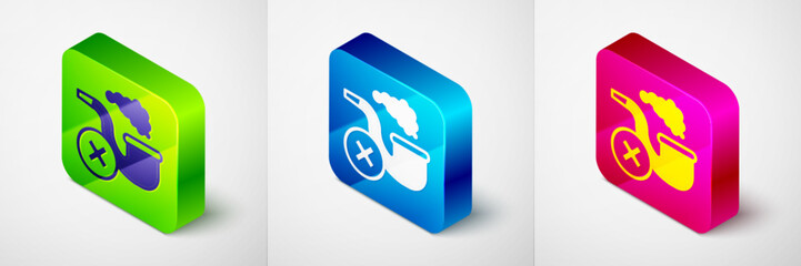 Isometric Smoking pipe with smoke icon isolated on grey background. Tobacco pipe. Square button. Vector