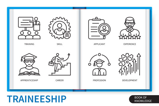 Traineeship infographics elements set. Profession, apprenticeship, experience, skill, applicant, development, career, training. Web vector linear icons collection
