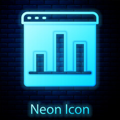Obraz premium Glowing neon Graph, chart, diagram, infographic icon isolated on brick wall background. Vector
