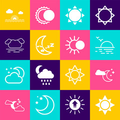 Set Sun, Cloud with moon and stars, Sunset, Moon icon, and Eclipse of the sun icon. Vector