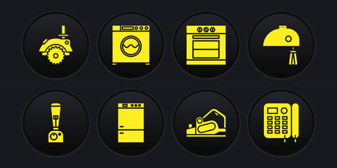 Set Blender, Electric mixer, Refrigerator, planer tool, Oven and Washer icon. Vector