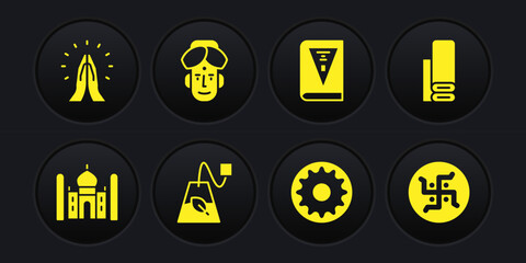 Set Taj Mahal, Indian textile fabric, Tea bag, Chakra, constitution day, man, Hindu swastika and Hands praying position icon. Vector