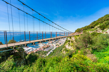 Fototapeta na wymiar Panoramic view of the Windsor suspension bridge with the Gibraltar town and bay. UK
