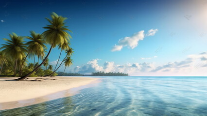 Fototapeta na wymiar Beautiful Beach Panorama with blue water and palm trees with Generative AI.