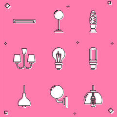 Set Fluorescent lamp, Floor, Chandelier, Light bulb, LED light, Lamp hanging and Wall sconce icon. Vector