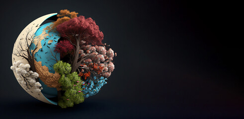 Fototapeta premium Banner image for earth day, showing earth in different layers with different types of plants, with copy space. Generative AI. 