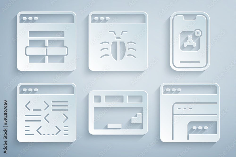 Poster set keyboard, mobile apps, software, system bug and mysql code icon. vector