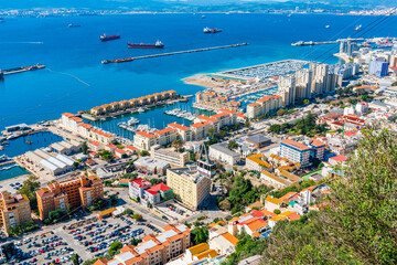 View of Gibraltar town and Spain across Bay of Gibraltar from the Upper Rock. UK