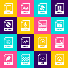 Set AVI file document, JPG, MOV, MP3, OGG and WMA icon. Vector