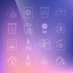 Set line Eco friendly house, fuel canister, Battery with recycle, Recycle bin, Lightning trash, clean aqua and bulb world globe icon. Vector