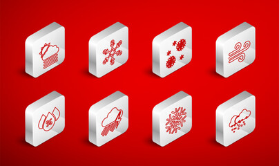Set line Cloud with snow, Snowflake, Wind, Fog and cloud sun, rain lightning and Water drop percentage icon. Vector