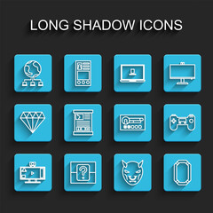 Set line Live streaming online, Mystery or random box, Computer network, Mask of the devil with horns, Poker table, Game guide, Gamepad and Create account screen icon. Vector