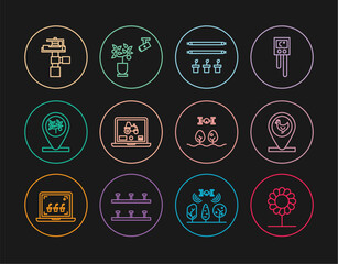 Set line Flower, Chicken farm and location, Smart with bulb plant, Laptop application for smart, Location tree, Automatic irrigation sprinklers, drone and farming technology icon. Vector