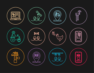 Set line Smart control farming system, Tractor and location, with drone, Wireless tractor smart, technology, Chicken camera and icon. Vector