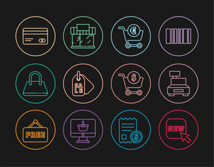 Set line Button with text New, Cash register machine, Shopping cart and euro, Price tag Sale, Handbag, Credit card, dollar and building or market store icon. Vector