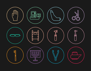 Set line Bedpan, Tooth drill, Inhaler, Stretcher, Safety goggle glasses, Medical rubber gloves, otoscope tool and Blood pressure icon. Vector