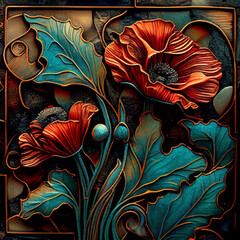Poppy in Art Nouveau style. Imitation of an old stained glass window. Generative AI.
