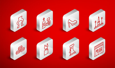 Set line Coffee shop, Wine bottle with cheese, Woman shoe, Place De La Concorde, French rooster, Frog legs, dress and Macaron cookie icon. Vector