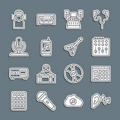 Set line Ear listen sound signal, Drum machine, Sound mixer controller, Music recording studio, player, Microphone, Man headphones and Electric bass guitar icon. Vector