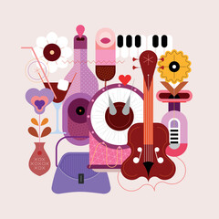 Colour vector design of music instruments, cocktails, wine bottle and fashionable handbag isolated on a light background.