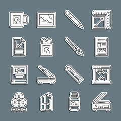 Set line Scanner, 3D printer, News, Pencil with eraser, Paper shopping bag, Document graph chart, Coffee cup and Paint brush icon. Vector