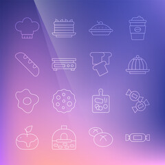 Set line Candy, Pudding custard, Homemade pie, Electronic scales, French baguette bread, Chef hat and Bread toast icon. Vector