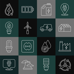 Set line Wind turbine, Nuclear power plant, Solar energy panel, Eco fuel canister, Light bulb with leaf, Water and Electric car icon. Vector