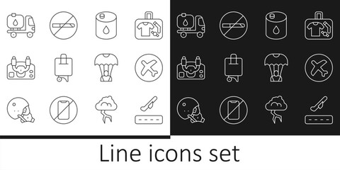 Set line Plane takeoff, Barrel oil, Suitcase, Aircraft steering helm, Fuel tanker truck, Parachute and No Smoking icon. Vector