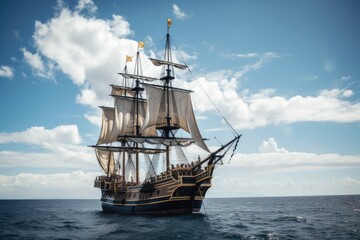 Plakat pirate ship sailing through calm, sunny day, with blue skies and fluffy clouds, created with generative ai