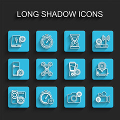 Set line Video camera setting, Time management, Power bank, Photo, Hourglass, Toaster and Blender with bowl icon. Vector