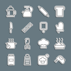 Set line Electric mixer, Bowl of hot soup, Oven glove, Rolling pin, Food chopsticks, Knife, French press and Cutting board icon. Vector