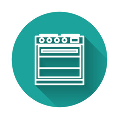 White line Oven icon isolated with long shadow. Stove gas oven sign. Green circle button. Vector Illustration