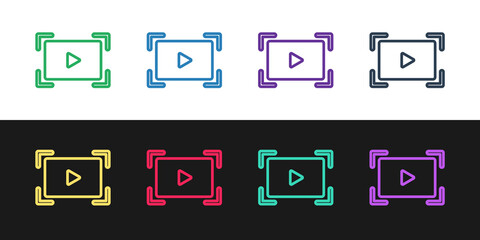Set line Online play video icon isolated on black and white background. Film strip with play sign. Vector