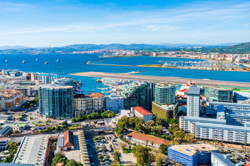 Obraz na płótnie Canvas View of Gibraltar city and Spanish coast across the Gibraltar Bay from the Upper Rock. UK