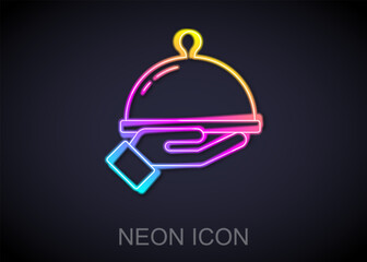 Glowing neon line Covered with a tray of food icon isolated on black background. Tray and lid sign. Restaurant cloche with lid. Vector