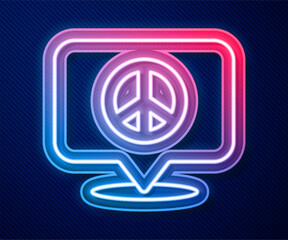 Glowing neon line Location peace icon isolated on blue background. Hippie symbol of peace. Vector