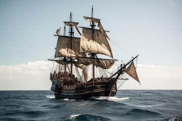Plakat pirate ship, with sails unfurled and gunports ready to fire, on journey across the open sea, created with generative ai