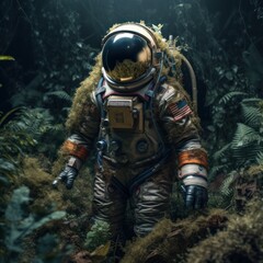 Astronaut made of plants, space and environmental concept. Generative AI