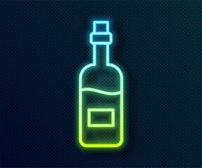 Glowing neon line Bottle of wine icon isolated on black background. Vector