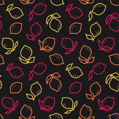Seamless pattern with colorful outline lemons and black background