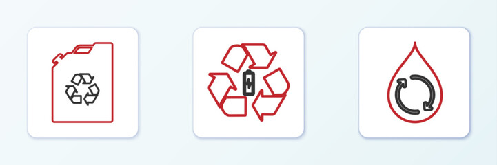 Set line Recycle clean aqua, Eco fuel canister and Battery with recycle icon. Vector
