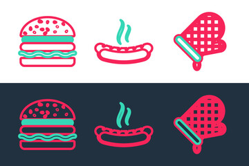 Set line Oven glove, Burger and Hotdog sandwich icon. Vector