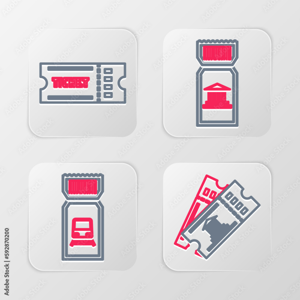 Sticker set line museum ticket, train, and ticket icon. vector