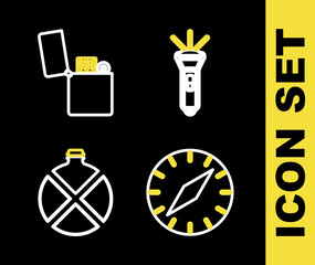 Set line Flashlight, Compass, Canteen water bottle and Lighter icon. Vector