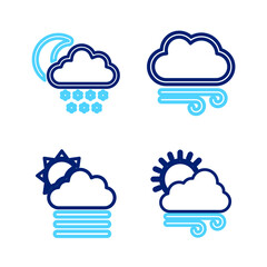 Set line Windy weather, Fog and cloud with sun, and Cloud snow moon icon. Vector