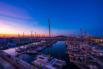 Colorful sunset over the Marina Bay in Gibraltar, a British Overseas Territory. UK