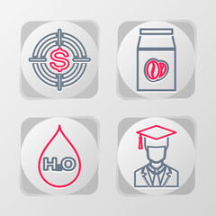 Set line Graduate with graduation cap, Water drop H2O, Coffee beans in bag and Target dollar icon. Vector